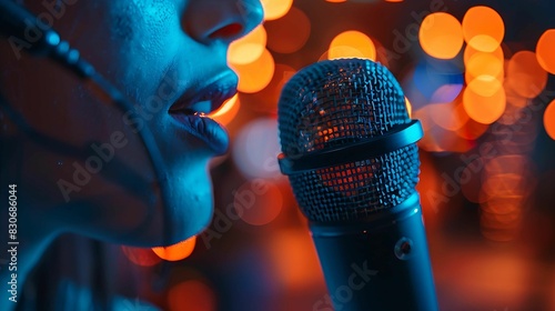 Closeup of a woman singing into a microphone with a blurred background of orange lights