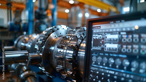 The image shows a closeup of a metal machine part with a control panel in the background