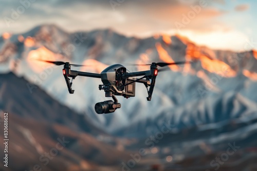 A drone with a camera flying in the air near mountains.