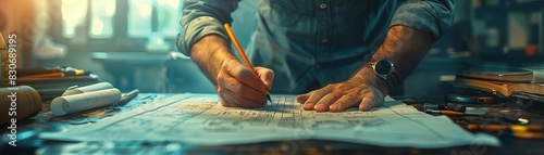 An engineer drafting blueprints, close up, design precision theme, realistic, double exposure, technical drawing board backdrop