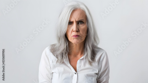 middle aged woman showing frustration and anger against white background. generative ai