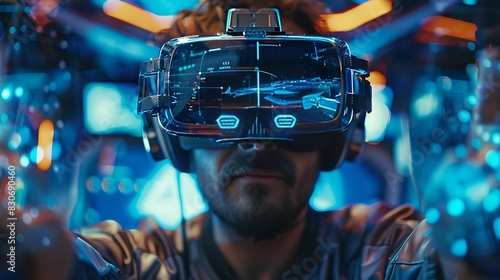 The man wearing a VR headset is completely immersed in the virtual world