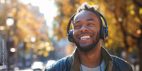 A joyful man, with headphones on, enjoys his favorite music while walking through an autumn-colored street, soaking in the vibrant atmosphere and feeling uplifted by the beats.