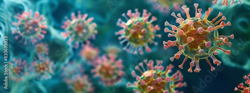 Microscopic view of the virus causing the global pandemic, showcasing its unique structure and intricate details in a vibrant environment.