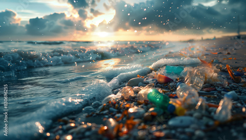 Evocative image capturing the tragic beauty of a sunset over a beach littered with plastic waste, highlighting the environmental issue of ocean pollution