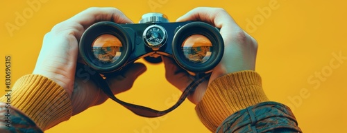 A person holding a pair of binoculars, searching for something in the distance. The background is a bright yellow color.