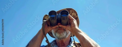 An old man wearing a hat and binoculars is looking at something in the distance. The sky is blue, and the sun is shining.