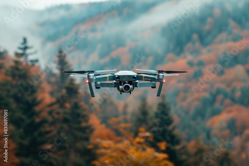 A drone with a camera flying in the air near mountains.