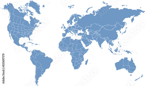 World map. Continents with the contours of the countries. Vector drawing