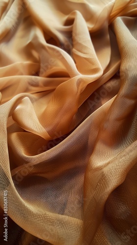 Close-up of soft, flowing beige fabric with delicate texture, creating a beautiful and elegant appearance. Ideal for fashion and textile projects.