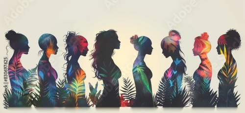 A modern set of abstract female figures with colorful spots. A line art print with flowers and leaves decoration. A silhouette shape of a woman for use in cards, posters, and logos.