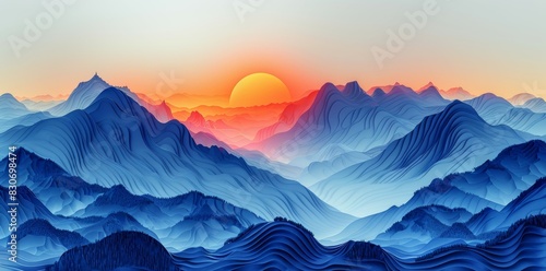 Background of a japanese mountain with a wavy line style. Collection of design elements, labels, frames, wedding invitations, social media posts, packaging, luxury products, perfumes, and wines.