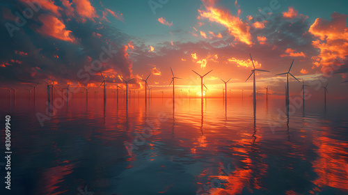 Stunning scene of an offshore wind farm with numerous wind turbines set against a vibrant, colorful sunset over calm waters.