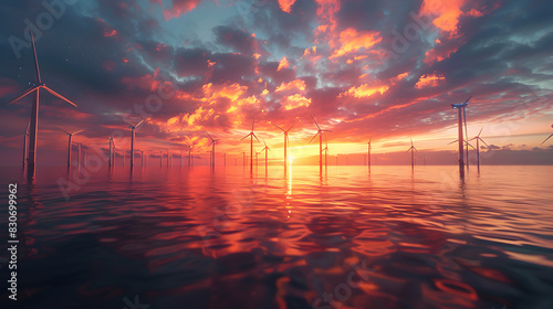 Set against a colorful sunset, a picturesque offshore wind farm boasts numerous turbines, painting a stunning picture against the calm waters