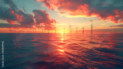 Against the backdrop of a vibrant sunset, an offshore wind farm stands tall with numerous turbines, creating a stunning scene over serene waters