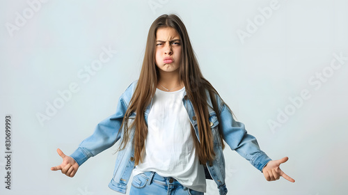 teenage girl showing anger and frustration against white background. generative ai