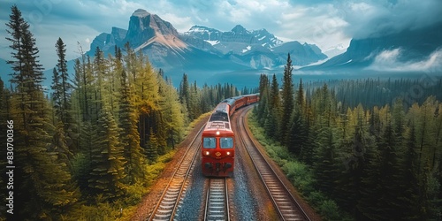modern train driving on railroad tracks between coniferous trees and mountains under sky during summer day