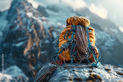 A backpack sits on a rock in the mountains.