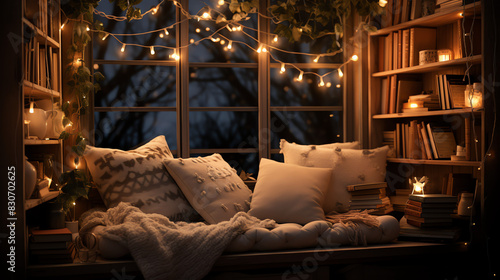 A cozy reading nook in an attic with a window seat, pillows, blankets, bookshelves, and candles.
