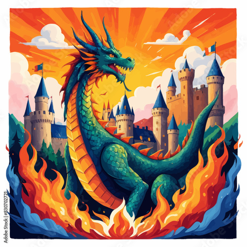 a painting of a dragon in front of a castle