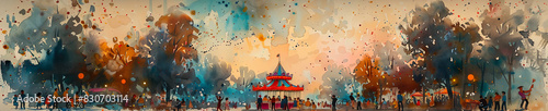 Colorful Abstract Fairground Scene with Amusement Park Rides and Crowds