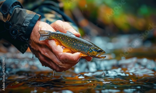 A man's hand holding a tiny brook trout over a stream with a shiny vintage fishing reel nearby