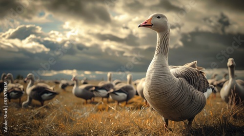 Domestic and wild greylag geese situated in a grassland