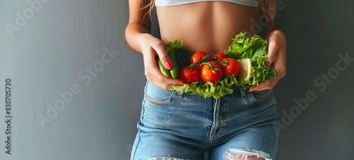 Attractive young woman wears jeans and shows slim body after sports training and healthy eating 