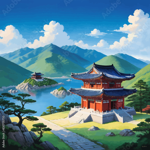 a painting of a pagoda in the mountains