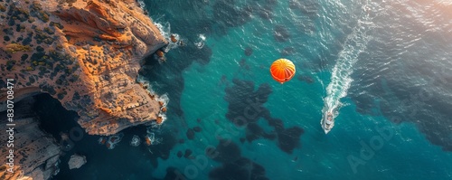 Aerial view of a balloon and a boat, Gran Canaria, Spain.
