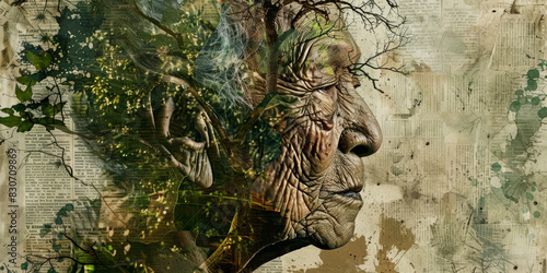 Surreal Portrait of Elderly Woman Blending with Nature and Tree Roots