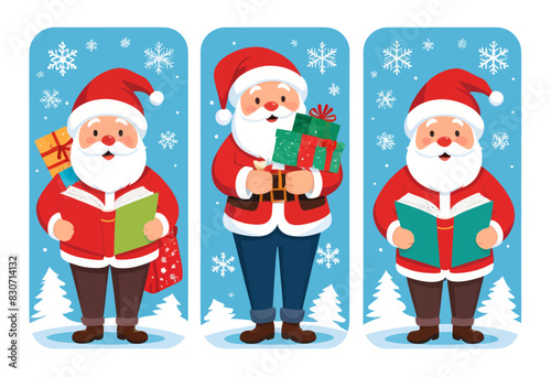 three santa clauses are holding presents in their hands