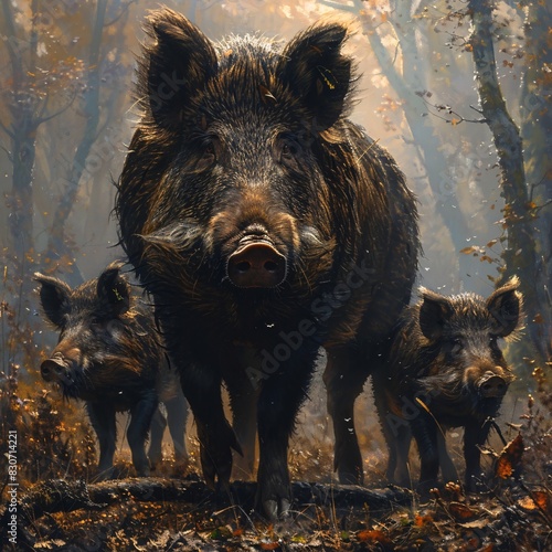 Majestic Wilderness: A Family of Three Boars in an Autumnal Forest