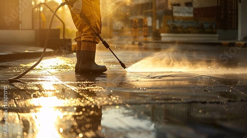 Sunset Scene of a Street Cleaner at Work
