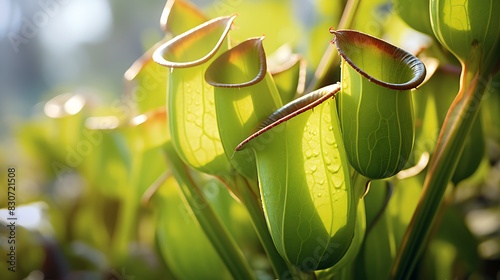 Close-up of the rounded, cup-like leaves of a pitcher plant, their unique adaptation for survival highlighted under full daylight.