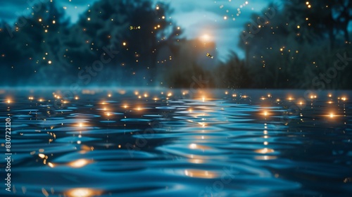 There are many fireflies over a pond on a summer night.