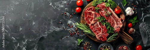 Beef raw meat, black stone background, spices, tomatoes, herbs. Top view Banner. Fresh red meat with pepper, salt for grilling on dark cutting board. Prime fillet. Food magazine style. Chief menu BBQ