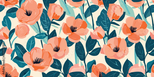 Seamless floral pattern with peach teal flowers on beige background. Abstract trendy spring, summer print dress pattern. Beautiful multicolored floral motif. Hand drawn wildflowers flat illustration