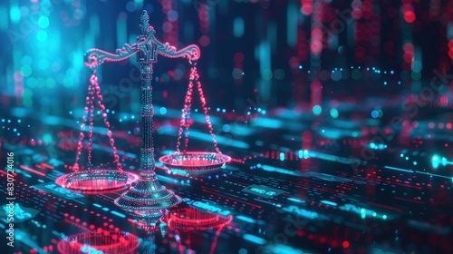 Digital scales of justice on a digital background, representing the cyber law concept.
