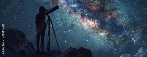  A solitary figure stands on a rocky hilltop, gazing through a telescope at the vast expanse of the night sky, filled with stars, galaxies, and nebulae.