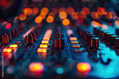 Close up of sound console with color lights in background.