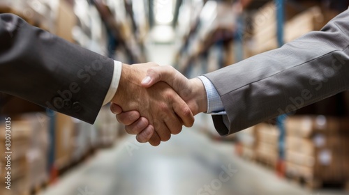 Businessmen shake hands in a warehouse, symbolizing a successful business deal