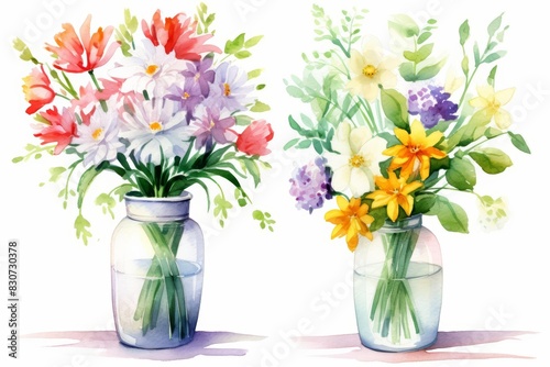 Set of water color of a flower vase, with a fresh arrangement, sitting on a sunny windowsill, Clipart isolated on white