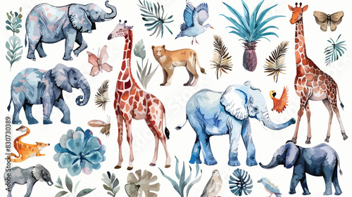 Watercolor tribal safari animals sticker vector style