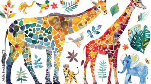 Watercolor tribal safari animals sticker vector style