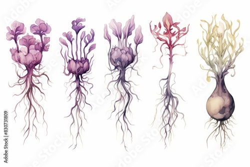Set of water color of mycorrhiza, forming a symbiosis with an orchids roots, Clipart isolated on white