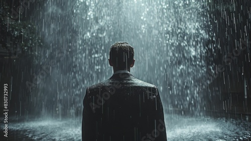 A perplexed businessman stands in the rain, close-up view with raindrops falling, minimalist approach.