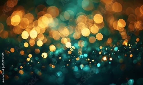 Abstract blur bokeh banner background. Gold bokeh on defocused emerald green background, Generative AI