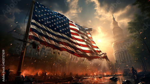 An American flag waves in a dramatic sunset over a scene of turmoil and destruction with the U.S. Capitol building in the background.