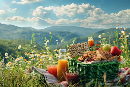 ealthy Snack Picnic Basket: A green picnic basket containing a variety of healthy snacks like granola bars, nuts, dried fruits